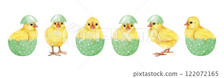 Easter mood cute funny yellow chicks in light-green colored eggs on white background. Hand drawn illustration set. Perfect for Easter decor designs, spring decor and rustic-themed art Easter mood cute funny yellow chicks in light-green colored eggs on white background. Hand drawn illustration set. Perfect for Easter decor designs, spring decor and rustic-themed art 122072165