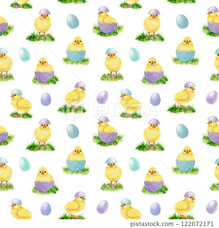 Easter mood seamless pattern with adorable yellow chicks, pastel color painted eggs on white background. Hand painted vintage style illustration. Perfect for Easter festive decor and spring crafts Easter mood seamless pattern with adorable yellow chicks, pastel color painted eggs on white background. Hand painted vintage style illustration. Perfect for Easter festive decor and spring crafts 122072171