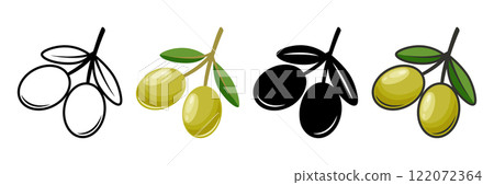 Flat Vector Green and Black Olives Outline Set. Hand-Drawn Olive Tree Berries Clipart. Olive Oil Products, Packaging, Food Design Template 122072364