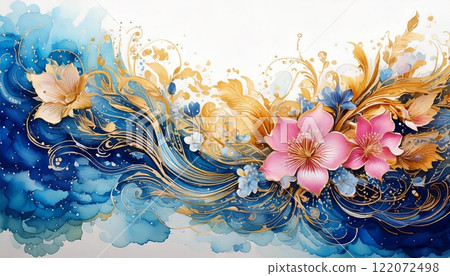 Elegant floral design with gold accents and blue waves 122072498
