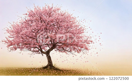Blooming cherry blossom tree with falling petals 122072500