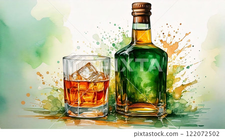 Whiskey bottle and glass with ice Whiskey bottle and glass with ice 122072502