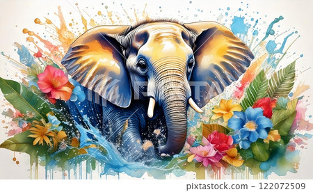 Elephant with tropical flowers and water splashes Elephant with tropical flowers and water splashes 122072509