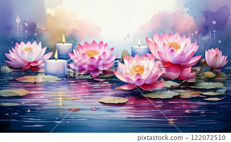 Floating lotus flowers with candles on water Floating lotus flowers with candles on water 122072510