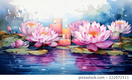 Pink lotus flowers and glowing candles on water Pink lotus flowers and glowing candles on water 122072511