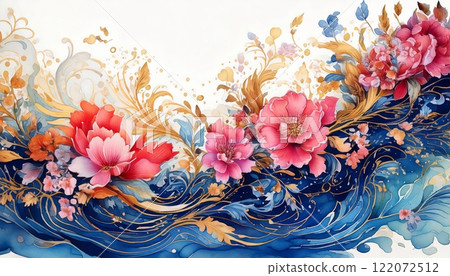 Elegant floral artwork with gold and blue accents Elegant floral artwork with gold and blue accents 122072512