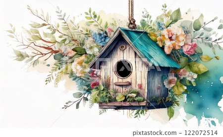 Rustic birdhouse with blue roof and floral accents 122072514