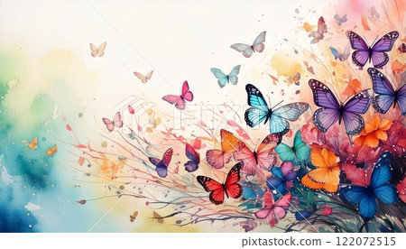 Colorful butterflies fluttering among vibrant flowers Colorful butterflies fluttering among vibrant flowers 122072515