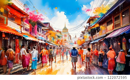 Vibrant cultural market street with temple view Vibrant cultural market street with temple view 122072595