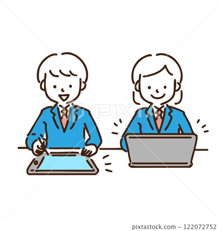 Male and female students using computers and tablets Male and female students using computers and tablets 122072752