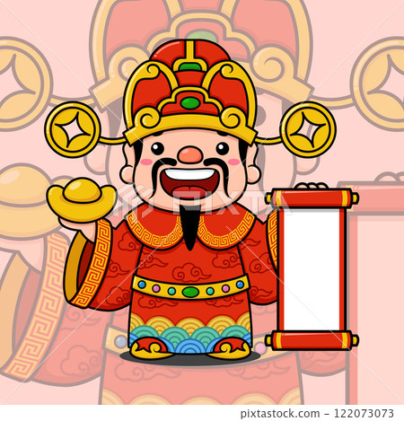 Cute Chinese New Year Fortune God Holding Gold Money Ingot And Scroll 122073073