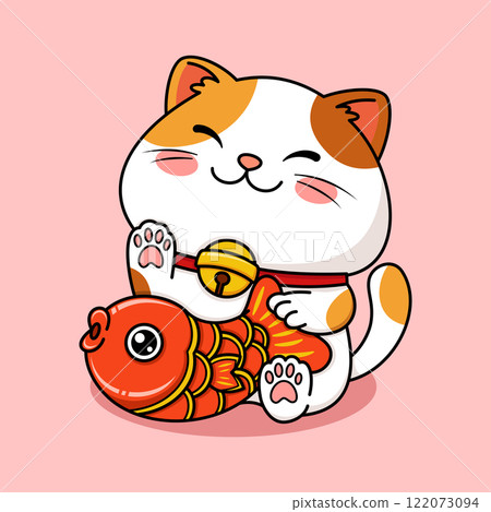 Cute Fortune Cat Holding A Red Goldfish Cute Fortune Cat Holding A Red Goldfish 122073094
