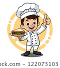 Cute Boy Chef Mascot Logo Full Body Holding A Plate Of Sandwich 122073103