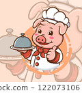 Cute Cartoon Pig Chef With Uniform And Hat Holding A Plate 122073106