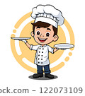 Cute Chef Boy Mascot Logo Full Body Holding Two Plates 122073109