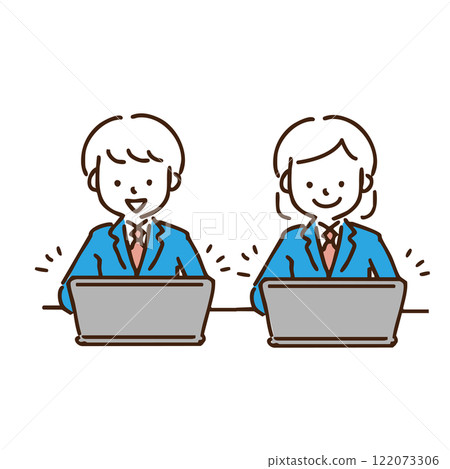 Male and female students using laptops Male and female students using laptops 122073306