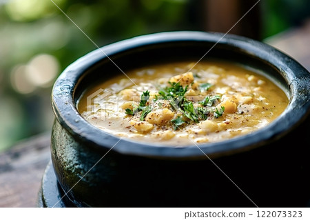 Creamy potato soup garnished with fresh parsley in rustic bowl Creamy potato soup garnished with fresh parsley in rustic bowl 122073323