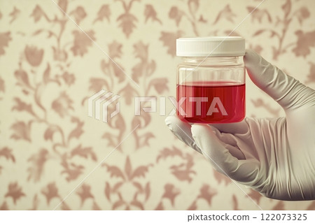 Scientist wearing gloves holding urine sample for medical analysis 122073325