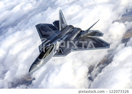 F-22 raptor flying above the clouds during a test flight F-22 raptor flying above the clouds during a test flight 122073326
