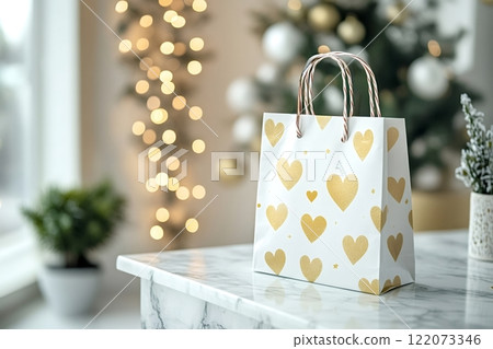 White gift bag with golden hearts on marble table for christmas 122073346