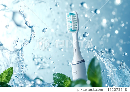 Modern electric toothbrush splashing in fresh water with mint leaves 122073348