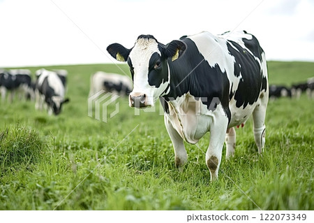 Dairy cow grazing in green pasture with herd in background 122073349