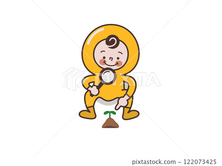 Illustration of a character finding a sprout with a magnifying glass and watching it grow 122073425