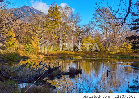 Autumn in Senjogahara, Nikko, Tochigi Prefecture. View of Mt. Nantai from Izumiyadoike Pond on the north side. Autumn in Senjogahara, Nikko, Tochigi Prefecture. View of Mt. Nantai from Izumiyadoike Pond on the north side. 122073505