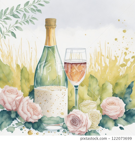 Watercolor Arrangement with Glasses of Champagne and Roses. Romantic, wedding concept High quality photo 122073699