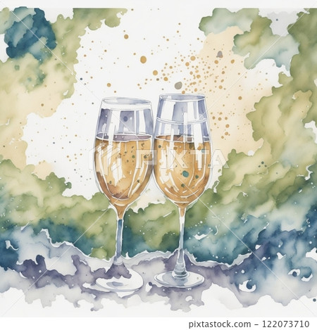 Watercolor Arrangement with Glasses of Champagne and Roses. Romantic, wedding concept High quality photo Watercolor Arrangement with Glasses of Champagne and Roses. Romantic, wedding concept High quality photo 122073710