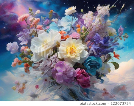Bouquet of multicolored flowers painting on full color background. High quality photo 122073734