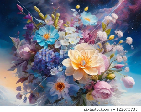 Bouquet of multicolored flowers painting on full color background. High quality photo 122073735