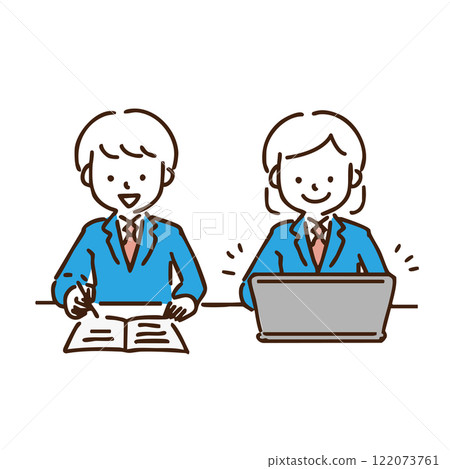 Illustration of two male and female students using a tablet and a notebook side by side Illustration of two male and female students using a tablet and a notebook side by side 122073761