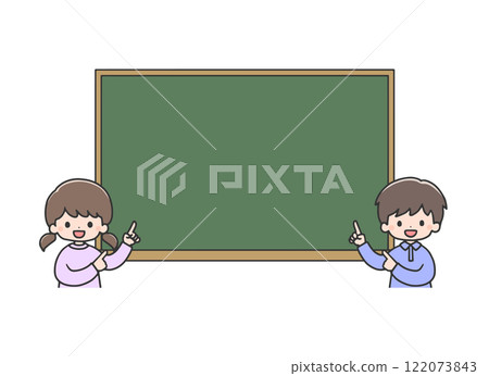 Boy and girl pointing at blackboard, upper body Boy and girl pointing at blackboard, upper body 122073843