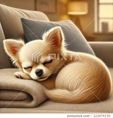 Chihuahua sleeping soundly with his face on a cushion 122074130