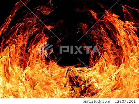 3d illustration of burning fire flames on a black background with text space 122075201