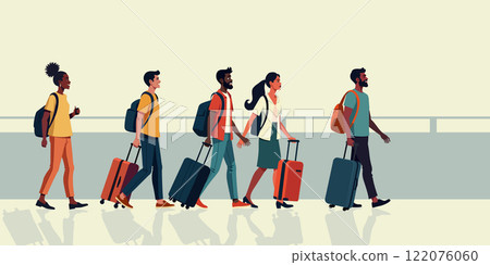 A variety of travelers are seen walking through an airport terminal, each carrying their luggage 122076060