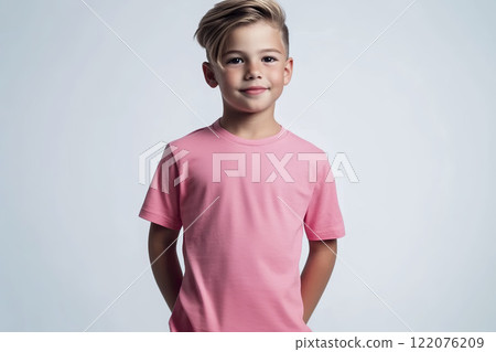 Cute boy in pink t-shirt. Kids t-shirt mockup. AI-generated item 122076209