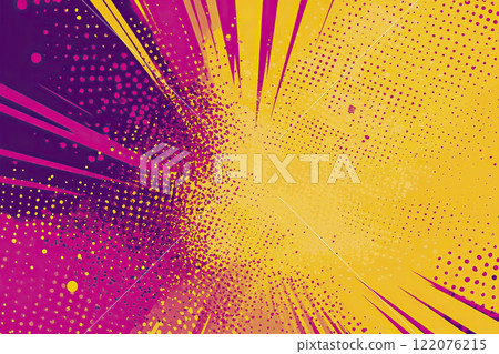 AI-generated item. Comic book yellow and pink background with halftone effects. 122076215