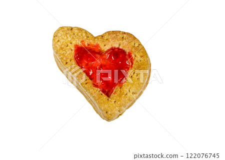 Heart shaped puff cookies with jam isolated on white background. Top view. Dessert on Valentine`s Day Heart shaped puff cookies with jam isolated on white background. Top view. Dessert on Valentine`s Day 122076745
