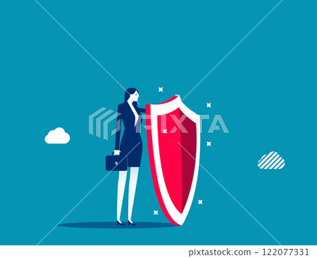 Protect. Businesswoman have a shield protecting money Protect. Businesswoman have a shield protecting money 122077331