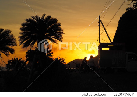 座間味島棕櫚樹在夕陽下閃閃發光的夏季風景 122077467