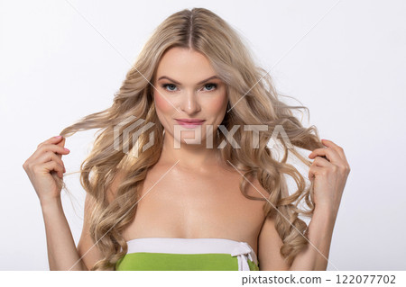 Stunning Glamorous Model Portrait Featuring Gorgeous Long Waves and Captivating Natural Beauty 122077702