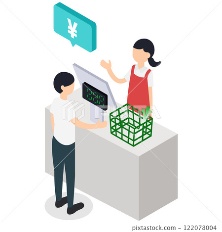 Illustration of a supermarket shopper (male) and a cashier at the register Illustration of a supermarket shopper (male) and a cashier at the register 122078004