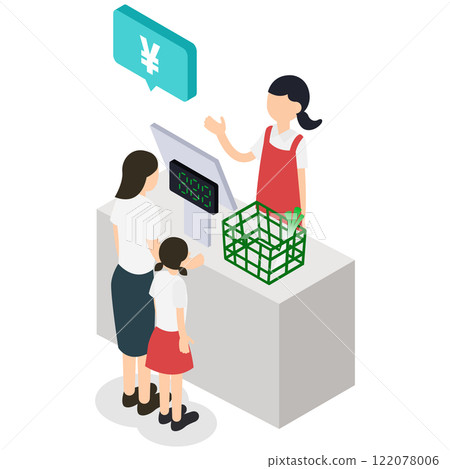 超市購物者(帶著孩子)和店員的結帳場景插圖 超市購物者(帶著孩子)和店員的結帳場景插圖 122078006