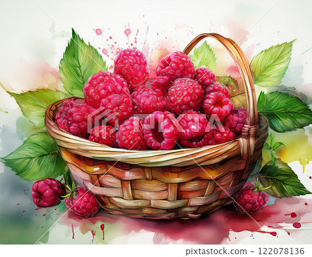 Basket of raspberry with green leaves Basket of raspberry with green leaves 122078136