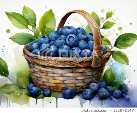 Sweet blueberry with green leaves in the basket 122078147