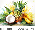 Tropical fruits: bananas, coconut, pineapple 122078175