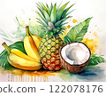 Tropical fruits: bananas, coconut, pineapple 122078176