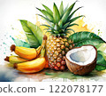 Tropical fruits: bananas, coconut, pineapple 122078177